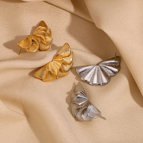 Pleated Petal Stud Earrings Stainless Steel 18K Gold Plated Geometric Fan Shaped Retro Fashion Jewelry For Women