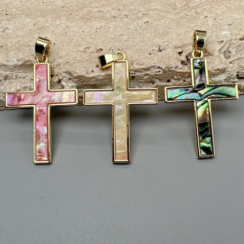 Shell Cross Pendant 18K Gold Plated Copper Inlaid Abalone Religious Jewelry DIY Craft Accessory For Women
