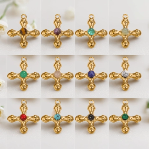 Kruis Hanger Charms Titanium Staal Met Natuurlijke Edelstenen Voor DIY Sieraden Maken Retro Vintage Stijl Accessoires