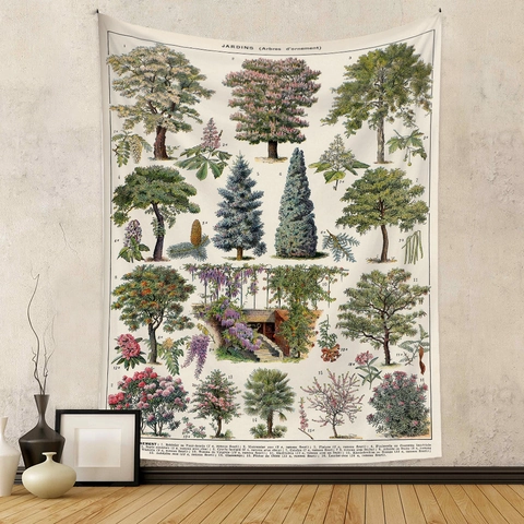 Arazzo Da Parete Botanico Vintage Tessuto Di Poliestere Illustrazione Albero Da Appendere Per Camera Da Letto
