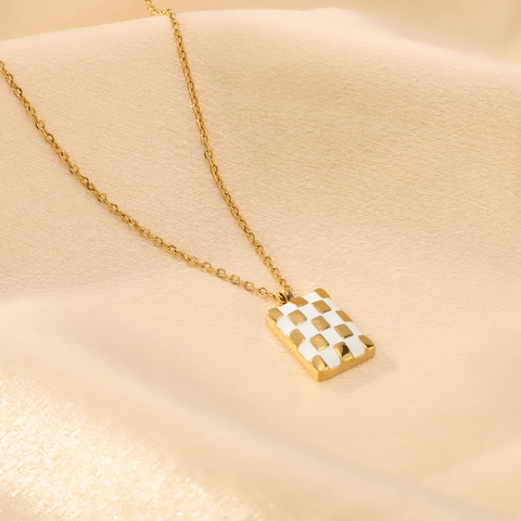 Checkerboard Pendant Necklace Titanium Steel 18K Gold Plated Zircon Inlaid Rectangular Ins Style Trendy For Women