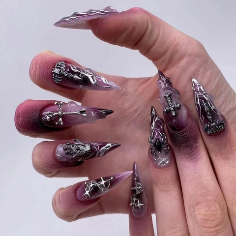 Halloween Gothic Press On Nails Stiletto Purple Gradient With 3D Alloy Cross Spider Skeleton Accessories Punk Style