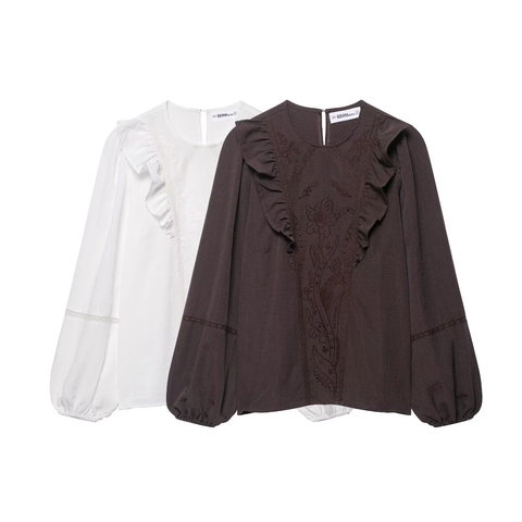 Blusa Da Donna Manica Lunga Ricamo Floreale Volant Girocollo Manica A Lanterna Pizzo Patchwork Top Elegante