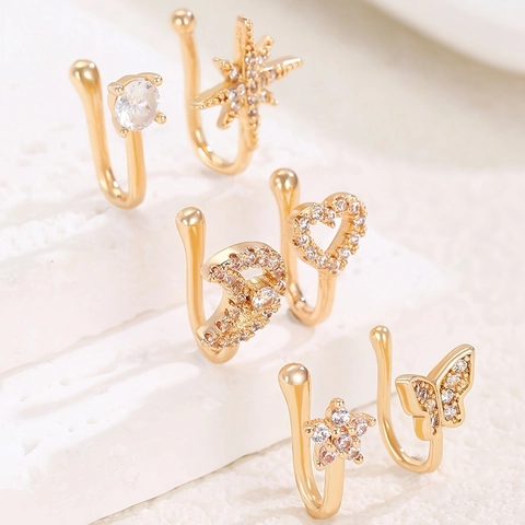 Copper Zirconia U-Shaped Nose Clip Non-Pierced Fake Piercing Jewelry For Women Men Heart Bow Star Moon Butterfly Nose Ring