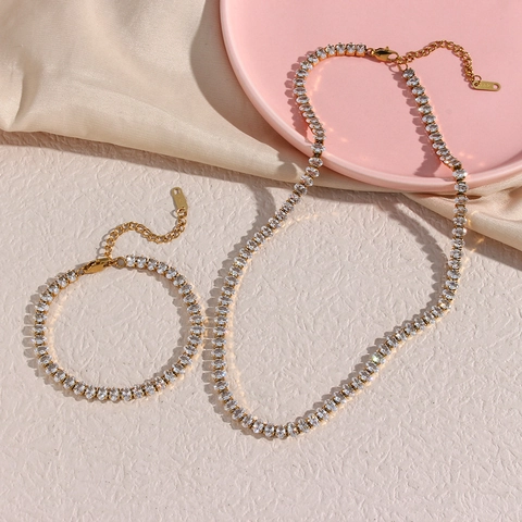 Stainless Steel Zirconia Tennis Necklace Bracelet Set For Women 18K Gold Plated Oval Marquise Cut CZ Fashion Jewelry Accessory