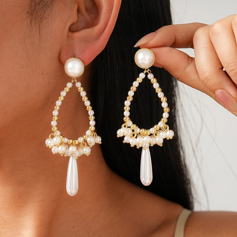 Vintage Baroque Dangle Earrings With Imitation Artificial Pearl Water Drop Hollow Copper Gold Plated Silver Earring Post For Women