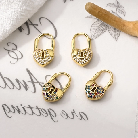 Fashion Brass Heart Lock Huggie Hoop Earrings For Women Exquisite AAA Zirconia Inlaid 14K Gold Plated Luxury Earring Jewelry