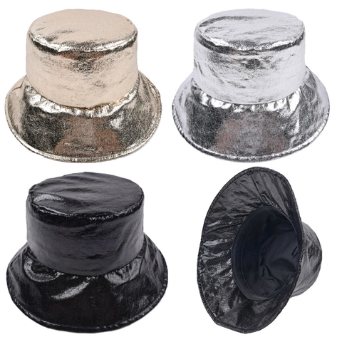 Cappello da Pescatore Metallico Riflettente alla Moda per Uomo Donna Lucido Oro Argento Nero Cotone Streetwear Spettacolo Cappello da Sole All'aperto