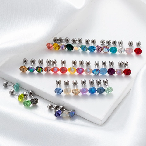 Titanium Steel Zircon Stud Earrings Stainless Steel Earring Post Sparkly Round Cut Screw Back Piercing Jewelry Colorful