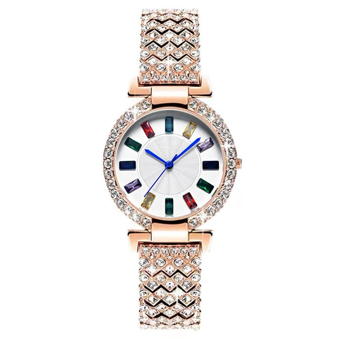 Women Luxury Iced Out Rhinestone Watch Rainbow Crystal Hour Markers Blue Hands Alloy Case Metal Strap Fashion Timepiece
