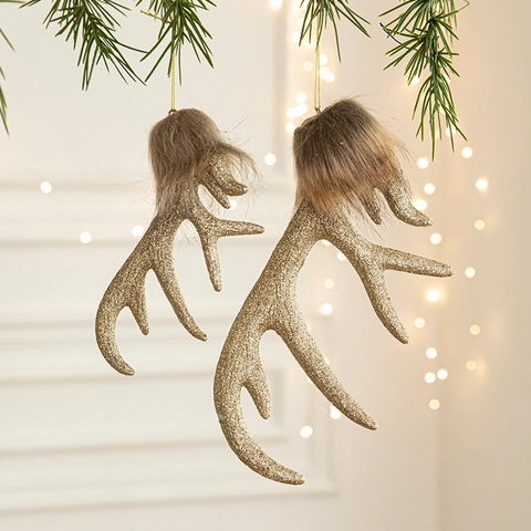 Reindeer Antler Hanging Ornaments Christmas Tree Decorations Resin Glitter Faux Fur Deer Horn Xmas Decor Window Display