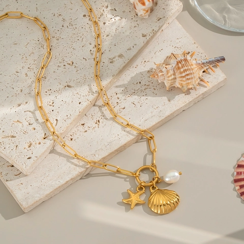 Collar De Pendiente Estrella De Mar Concha Perla Artificial Acero Inoxidable Chapado En Oro 18K Joyería De Playa Verano