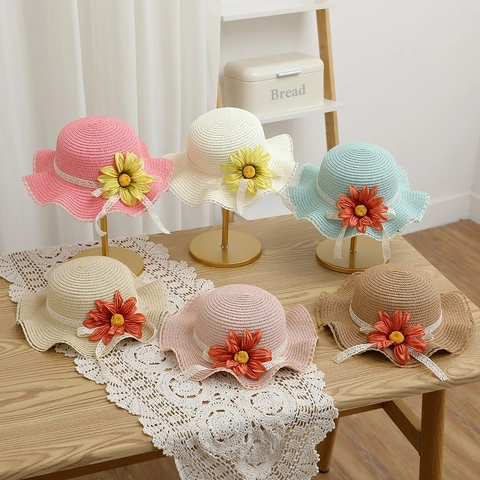 Cappello Di Paglia Borsa A Tracolla Bambine Protezione Solare Spiaggia Fiore Pizzo Dolce Estate Copricapo