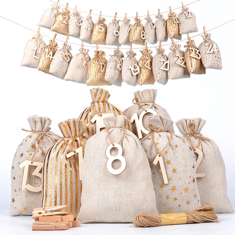 Kerst Adventskalender Zakken Set Katoen Linnen Trekkoord Cadeauzakjes Met Houten Clips Jute Touw Goud Ster Streep Bedrukte Zakken Voor Kerstmis Decor