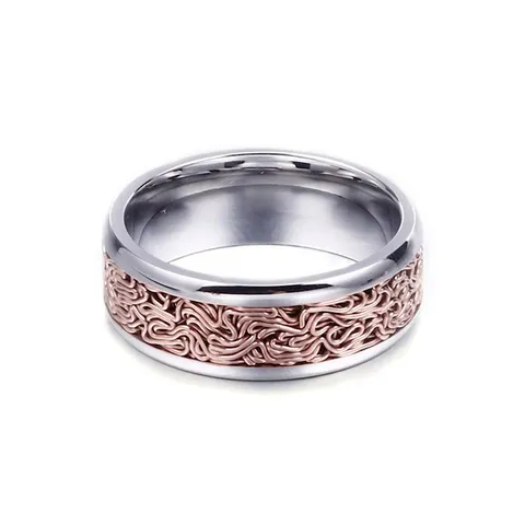 Stainless Steel Two Tone Ring Silver Border Rose Gold Braided Texture Center Vintage Personalized Band Jewelry