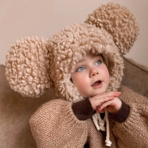 Plüsch Ohrenschützer Hut Große Runde Ohren Winddicht Warm Lammwolle Beanie Mit Riemen Winter Outdoor Zubehör