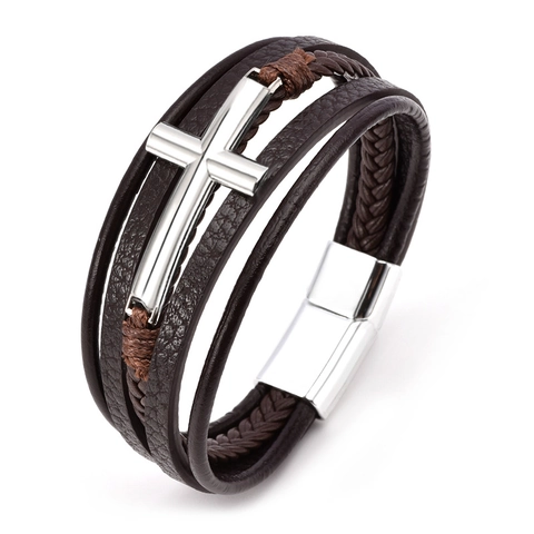 Cross Multi-Layer Braided Leather Bracelet With Magnetic Clasp Retro Punk Men Jewelry