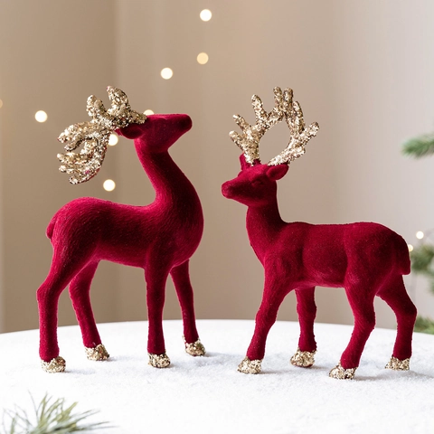 Christmas Reindeer Ornaments Flocking Glitter Deer Desktop Decoration Modern Minimalist Elk Figurine For Xmas Holiday Home Decor