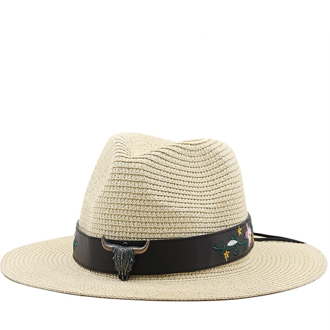 Straw Fedora Sun Hat With Bull Skull Metal Decor Floral Embroidery Faux Leather Band Cowboy Style Breathable For Beach