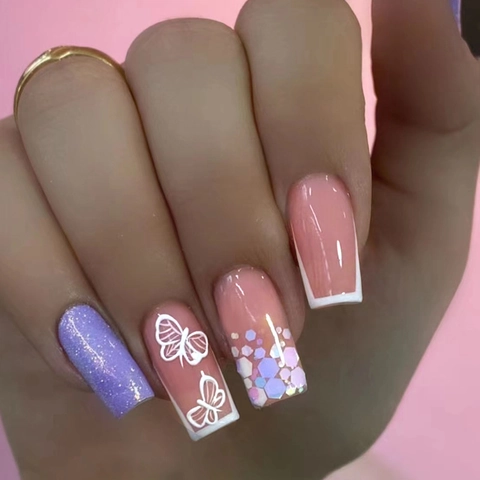 Press On Nails White Butterfly French Tip Medium Long Square Shape Glossy Plastic Artificial False Nails Sweet Ins Style