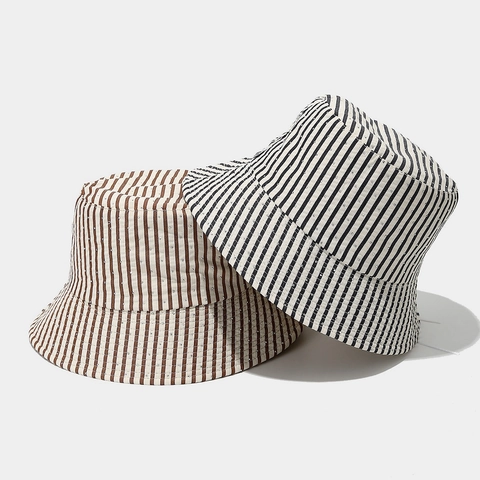 Striped Bucket Hat Cotton Polyester Rhinestone Wide Brim Retro Sun Protection Women