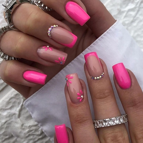 Hot Pink Press On Nails Square False Nails With Daisy Flower Rhinestone French Tip Glossy Y2K Sweet For Women