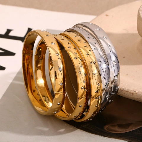 Brazalete De Acero Inoxidable Chapado En Oro 18K Estrella Luna Mal De Ojo Octagrama Circón Blanco Joyería Celestial