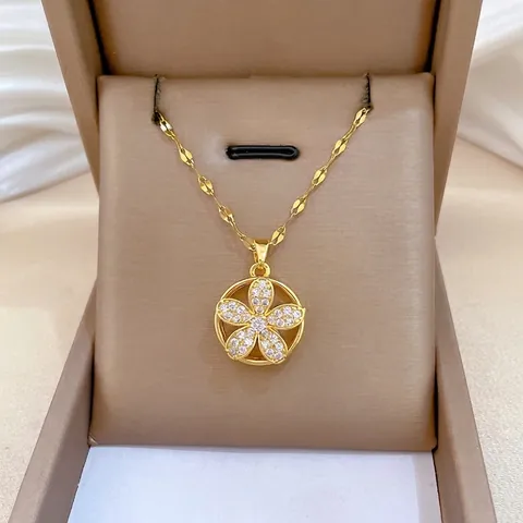 Rotating Flower Pendant Necklace Luxury Zircon Inlaid Titanium Steel Chain Copper Pendant For Women Elegant Jewelry
