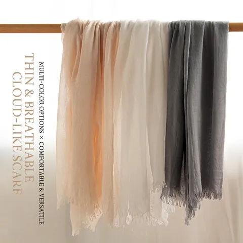 Solid Color Pleated Scarf With Fringe Lightweight Breathable Sun Protection Shawl For Women Versatile Fashion