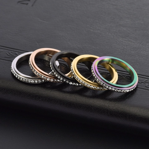 Spinner Ring Stainless Steel Full Zircon Eternity Band Rotatable Minimalist Fashion Jewelry For Women