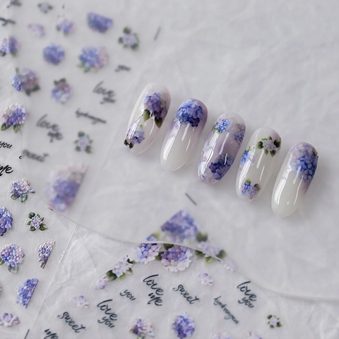 Pegatinas De Arte De Uñas De Flor De Hortensia Acuarela Púrpura Azul Floral Autoadhesivas PET Calcomanías Para Mujeres