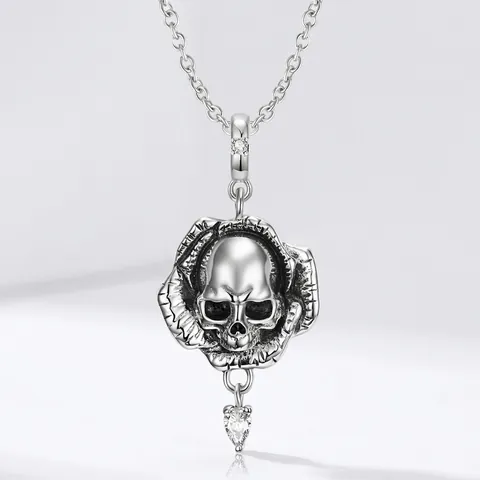 Gotische Skelett Rose Anhänger Halskette 925 Sterlingsilber Zirkonia Dunkler Punk Stil Modeschmuck Für Damen Herren