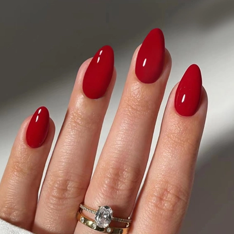 Solid Red Press On Nails Almond Shape Glossy Elegant Removable Artificial Fingernails For Women