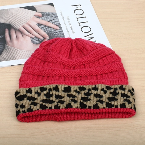 Women Knitted Beanie Hat Acrylic Leopard Print Cuff Warm Winter Ribbed Outdoor Thick Windproof Fold Over Cap