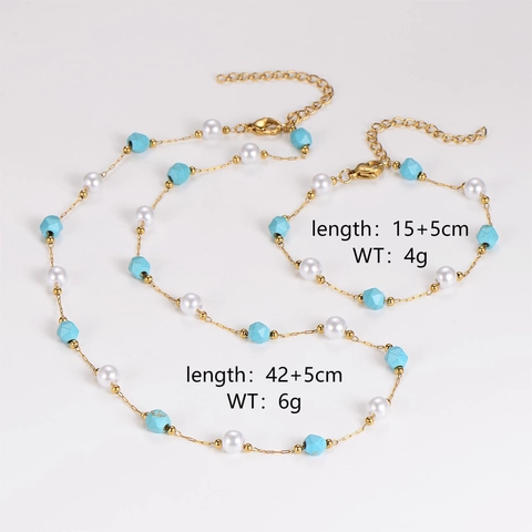Stainless Steel Necklace And Bracelet With Irregular Turquoise And Imitation Artificial Pearls Plated 18K Gold Fashion Jewelry For Women