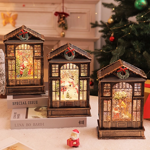 Vintage Bronze Christmas Music Box LED Lighted Snowing Lantern With Santa Snowman Nativity Scene For Holiday Home Decoration