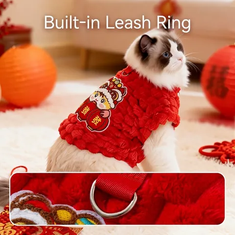 Chinesisches Neujahr Haustier Weste Löwentanz Katzenkleidung Winter Warm Fleece Hundebekleidung Geschirr D-Ring Bestickung