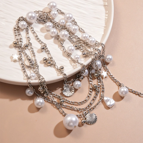Multi Layer Taille Kette Legierung Künstliche Perle Metall Muschel Stern Bohemian Sommer Strand Mode Gürtel Für Frauen