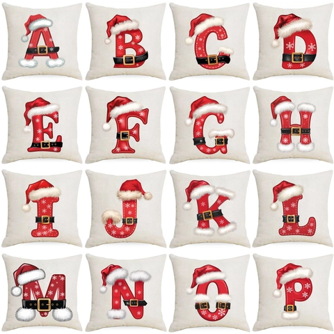 Housse De Coussin Alphabet Noël Lin Motif Chapeau Père Noël Ceinture Taie Oreiller Carrée Pour Canapé Décoration Maison