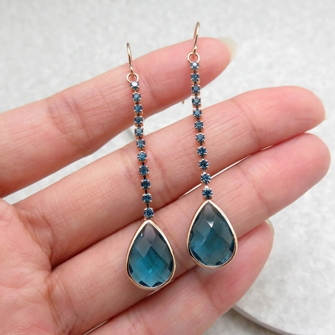 Pendientes Largos de Cobre con Circonia en Gota para Mujer con Borla Larga Lujo Azul Rosa Cristal Pendientes Joyería