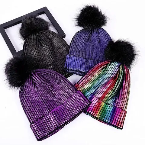 Winter Beanie Hat For Women Metallic Glitter Knitted Thermal Pullover With Faux Fur Pom Pom Retro Shiny Outdoor Accessories