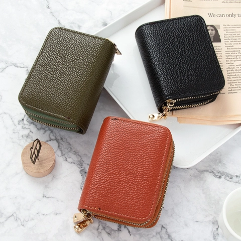Tarjetero Para Mujer Cartera Cuero PU Textura Lichi Doble Cremallera Gran Capacidad Monedero Para Damas