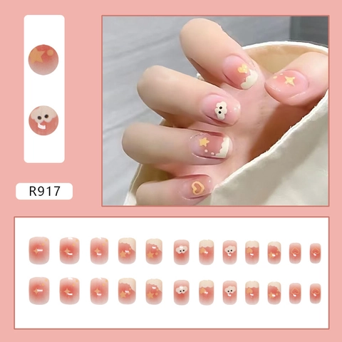 Pink Blush Gradient Press On Nails Süße Wolke Stern Herz Muster Künstliche Falsche Nägel Süßer Stil Für Frauen Mädchen