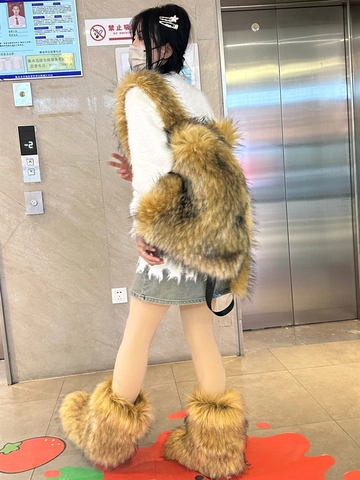 Trendiger Kunstfell Rucksack Flauschiger Plüsch Großer Beutel Für Streetwear Street Style Weicher Kordelzug Mode