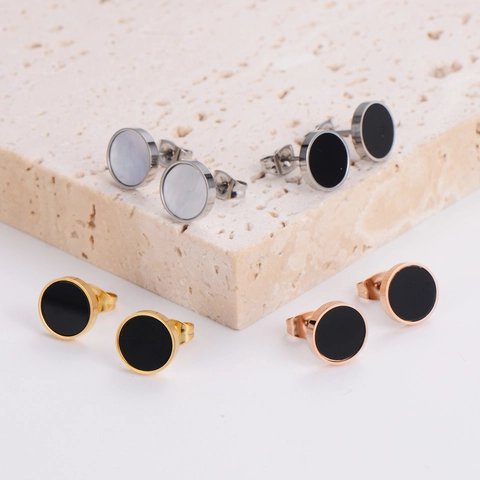 Round Stud Earrings 316L Stainless Steel Roman Numerals Shell Inlay Geometric Fashion Jewelry For Women