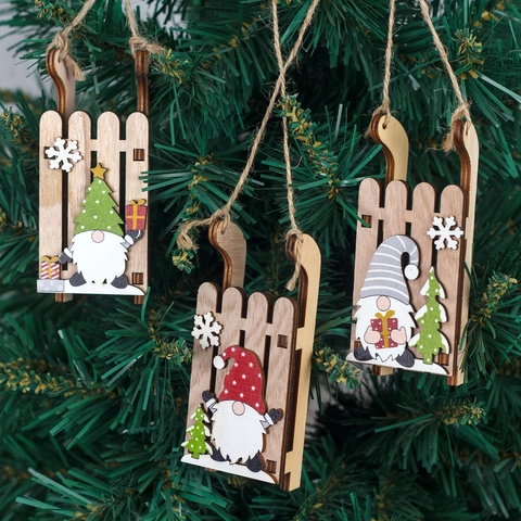 Adornos De Trineo De Navidad De Madera Colgantes De Gnomo Pintados Con Cuerda De Yute Para Decoración De Árbol Rústico