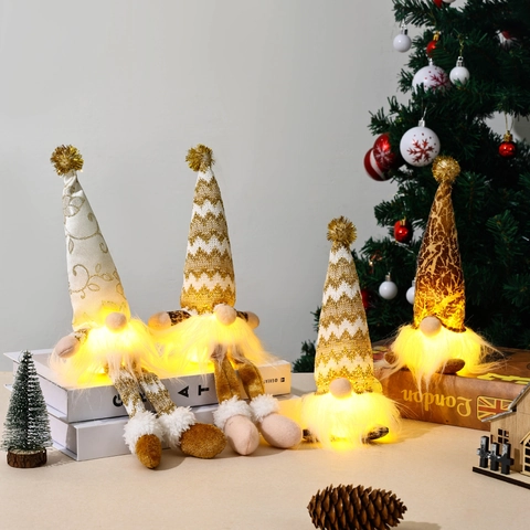 Christmas Glowing Gnome Knitted Plush LED Ornament Decoration Golden Forest Man Figurine Holiday Home Decor