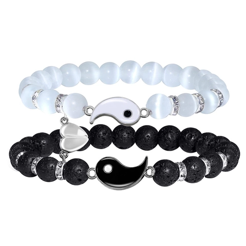 Yin Yang Bagua Couple Bracelets Lava Stone White Turquoise Magnetic Heart Charm Beads Adjustable Retro Jewelry Gift