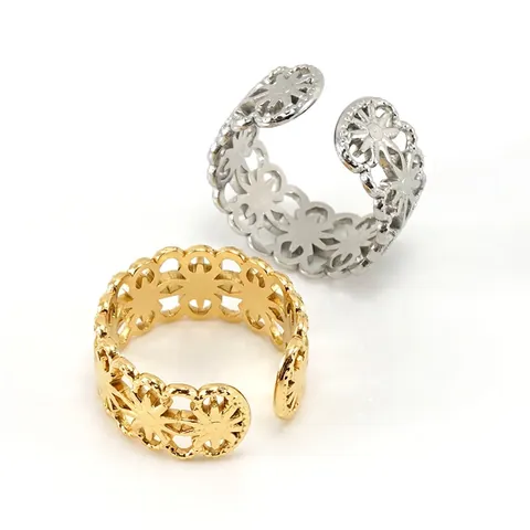 Anillo Abierto Con Patrón De Flores Huecas Acero Inoxidable Chapado En Oro De 18K Ajustable Joyería Geométrica Minimalista Para Mujer