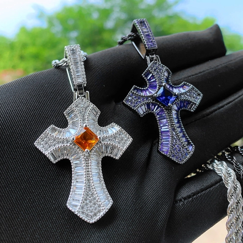Collier Pendentif Croix Hip Hop Cuivre Zircone Cubique Pierre Carrée Iced Out Style Punk Homme Chaîne De Corde Bijoux